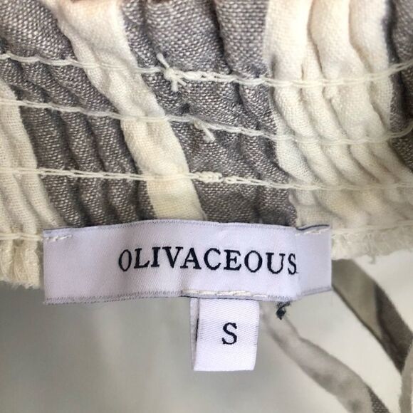 OLIVACEOUS STRIPED OPEN BACK LINEN JUMPSUIT SMALL - Picture 8 of 8